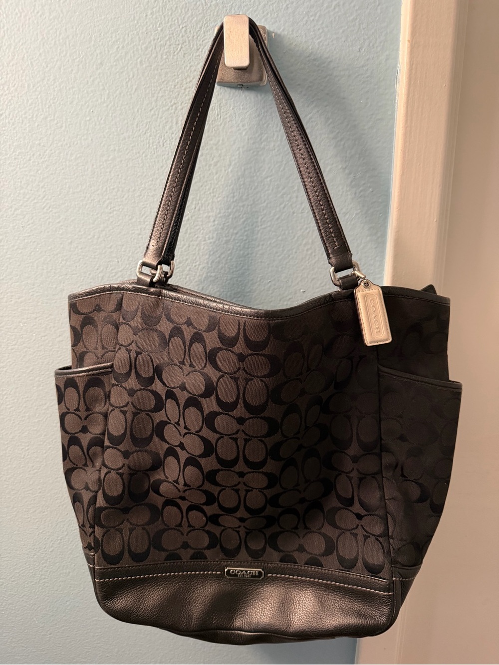 Coach Black Signature Jacquard Tote with Leather Trim